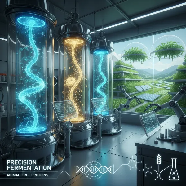 Microorganisms in a bioreactor, symbolizing precision fermentation producing sustainable, animal-free proteins for future food.