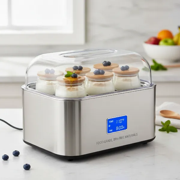 High-quality yogurt maker with stainless steel exterior and multiple glass jars, emphasizing durability and food safety.