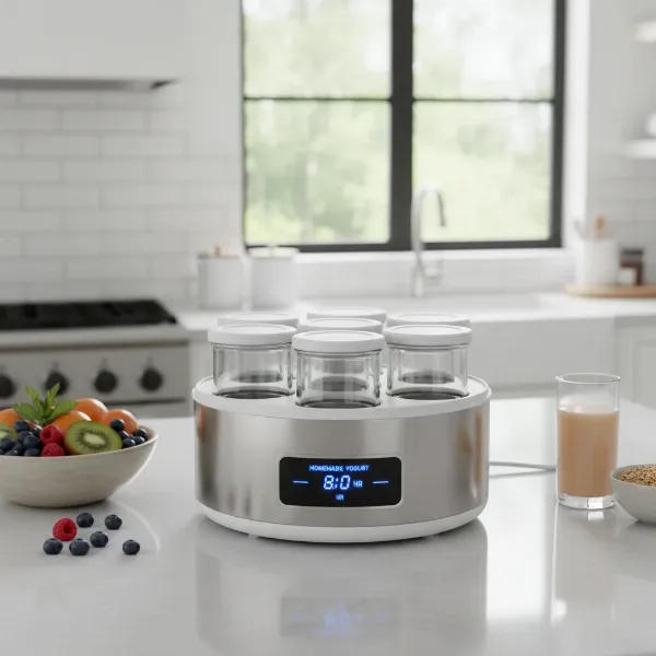 Modern yogurt maker with glass jars in a clean kitchen setting.