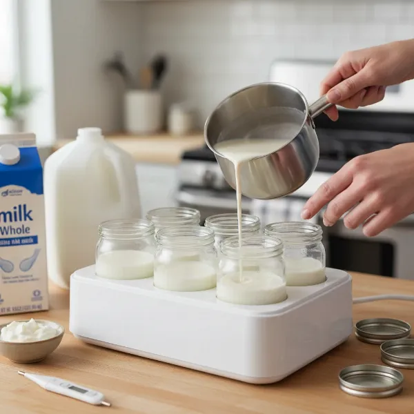 Person pouring milk into glass jars for homemade yogurt in a simple yogurt maker.