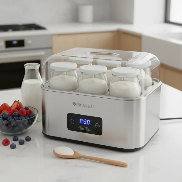 Princess 494002 Digital Yogurt Maker with glass jars, on a kitchen countertop.