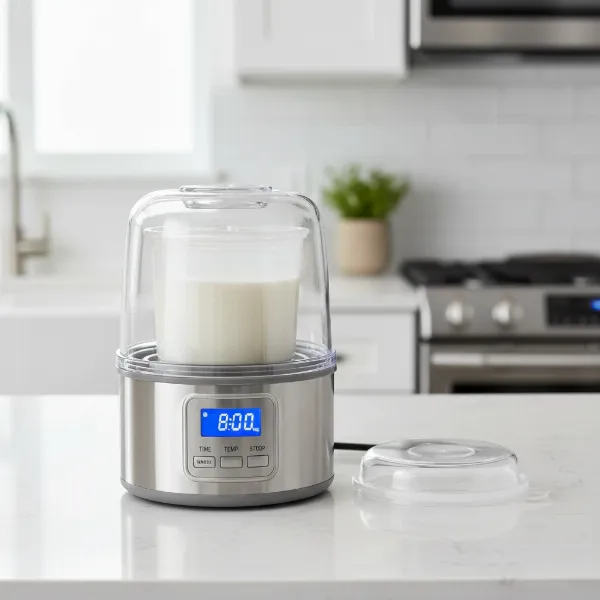 Proctor Silex yogurt maker with 32-ounce container, digital timer, and compact design.