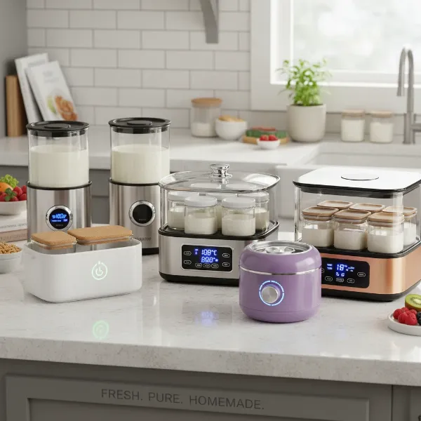 Various reliable yogurt makers with digital controls and glass containers.