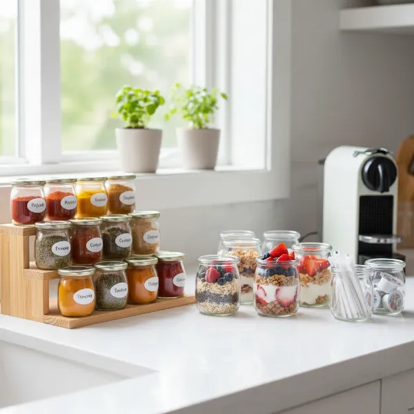 Various clean glass yogurt jars repurposed for practical kitchen and pantry organization.