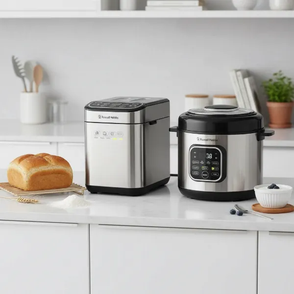 Russell Hobbs multi-cooker and breadmaker showing multiple functions, including yogurt making.