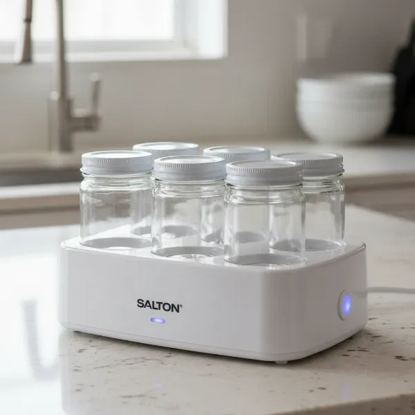 Salton YM9 1-quart yogurt maker with four 8-ounce glass jars on a kitchen counter.