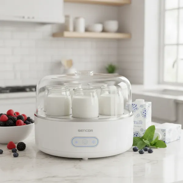A bright Sencor yogurt maker with individual glass jars on a clean kitchen counter, ready for use.