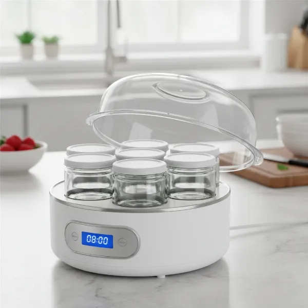 Severin JG 3518 yogurt maker with seven glass jars and transparent lid on a kitchen counter.
