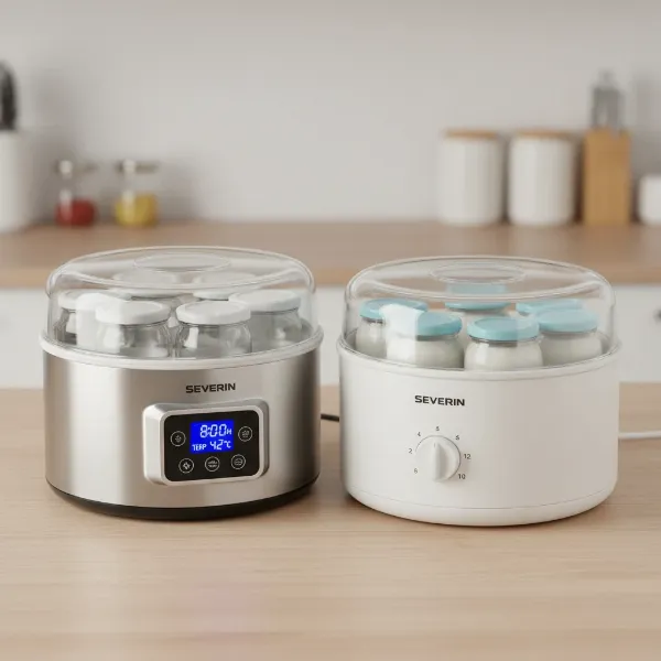 A side-by-side comparison of two Severin yogurt maker models, highlighting their design differences and included jars.
