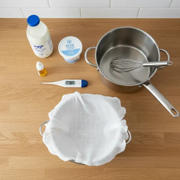 Essential equipment for making skyr at home, including milk, rennet, thermometer, and cheesecloth, laid out on a kitchen counter.