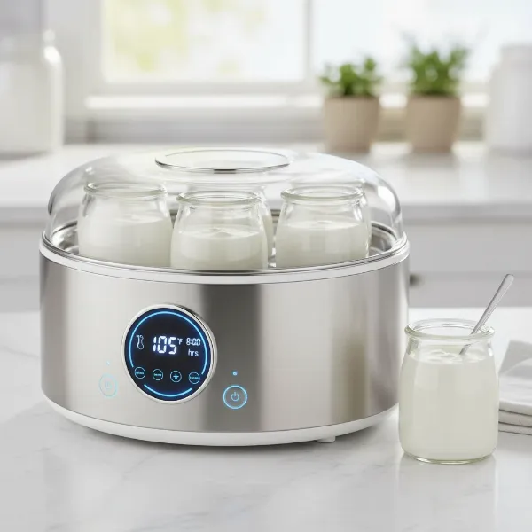 A modern smart yogurt maker with a digital display, showing temperature and timer settings, producing fresh yogurt.