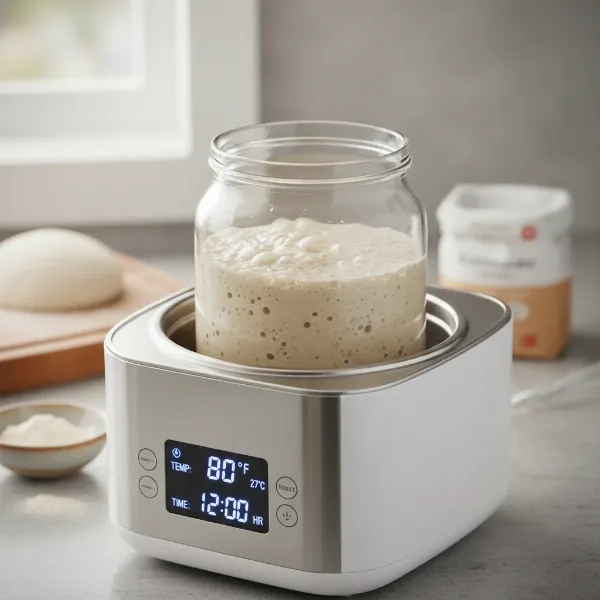 Active sourdough starter in glass jar inside a yogurt maker for optimal fermentation.