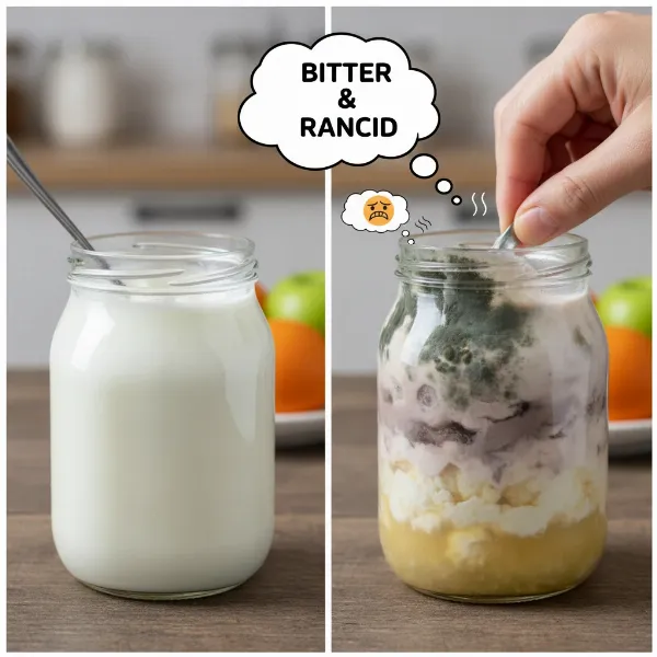 Visual and sensory indicators of spoiled homemade yogurt, showing mold, discoloration, and unpleasant smell.