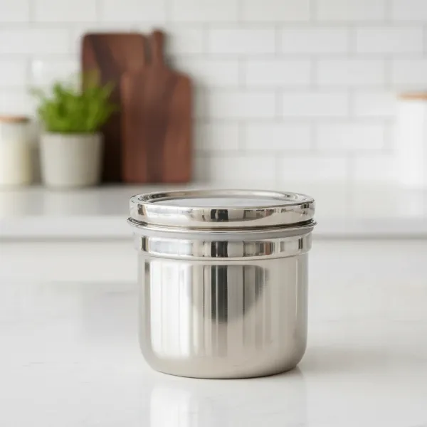 A sleek, food-grade stainless steel yogurt container, gleaming and ready for fermentation.