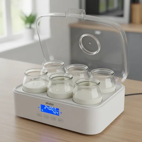 Steba yogurt maker with lid open, showing individual glass jars for fermentation.