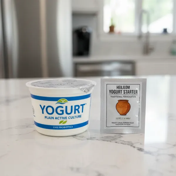 A side-by-side comparison of a small container of store-bought plain yogurt next to a packet of powdered heirloom yogurt starter.