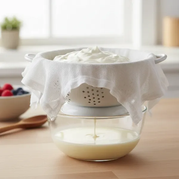 A close-up of homemade yogurt being strained through cheesecloth in a colander over a bowl.