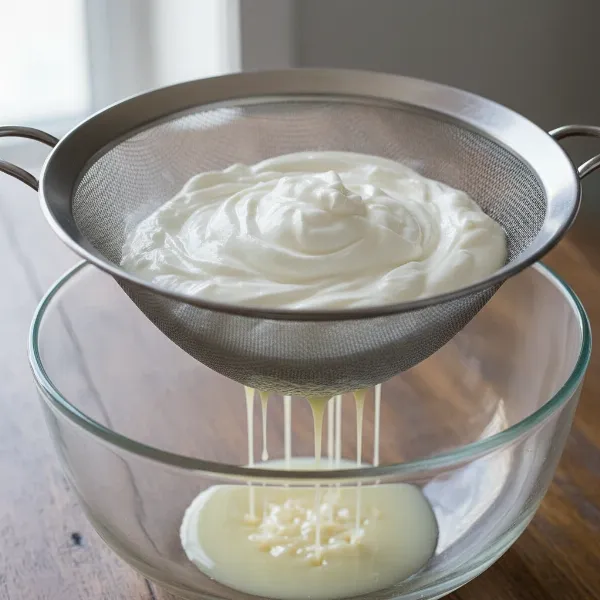 A close-up of thick homemade yogurt being strained in a fine-mesh sieve over a bowl, separating whey.
