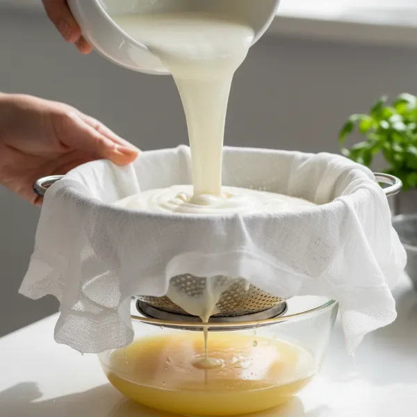 Hands straining homemade yogurt through cheesecloth over a bowl to create thick Greek yogurt.