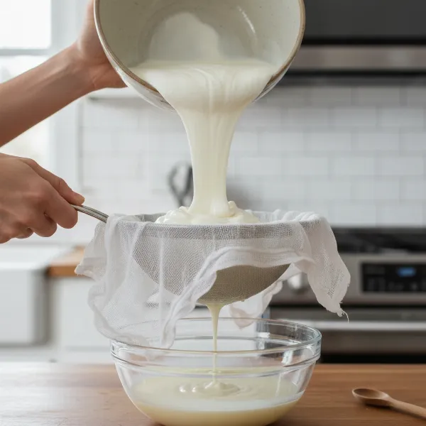 Hands straining homemade yogurt through cheesecloth in a sieve to achieve a smoother, thicker texture.