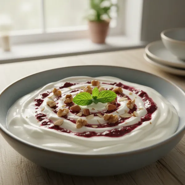 A beautifully presented bowl of homemade, sugar-free yogurt, artfully garnished with fresh berries and chopped nuts.