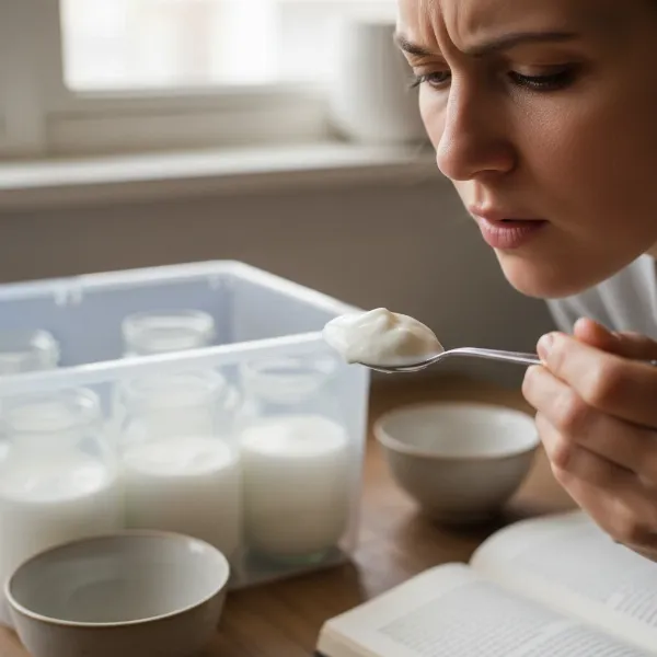 Person tasting a spoon of homemade yogurt to determine its sourness level during incubation.