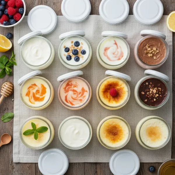 Variety of homemade yogurts and dairy desserts made with Tefal MultiDelices Express, showcasing its versatility.