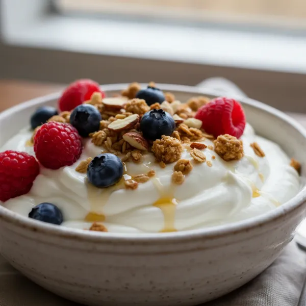 A close-up of a bowl of creamy, thick homemade almond milk yogurt, garnished with berries.
