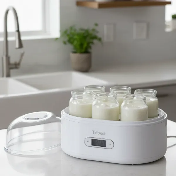 Tribest YoLife Yogurt Maker YL-210 with seven glass jars on a kitchen counter.