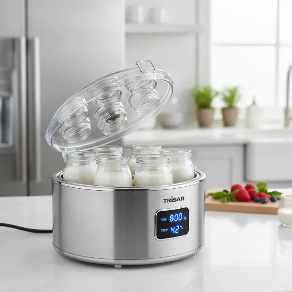 A close-up shot of the Tristar YB-2616 yogurt maker, showing its metallic silver finish and compact design.