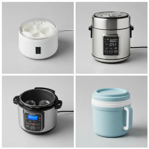 A collage showing different yogurt maker types, highlighting their unique features and designs.