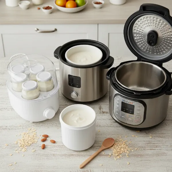 Variety of vegan yogurt makers including electric jar-based, bulk, multi-cooker, and non-electric models.