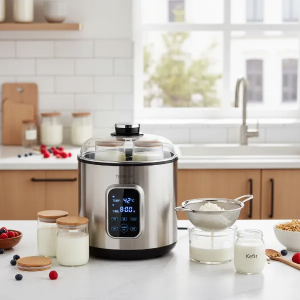 A versatile yogurt maker with adjustable temperature, timer, glass containers, and a whey strainer.