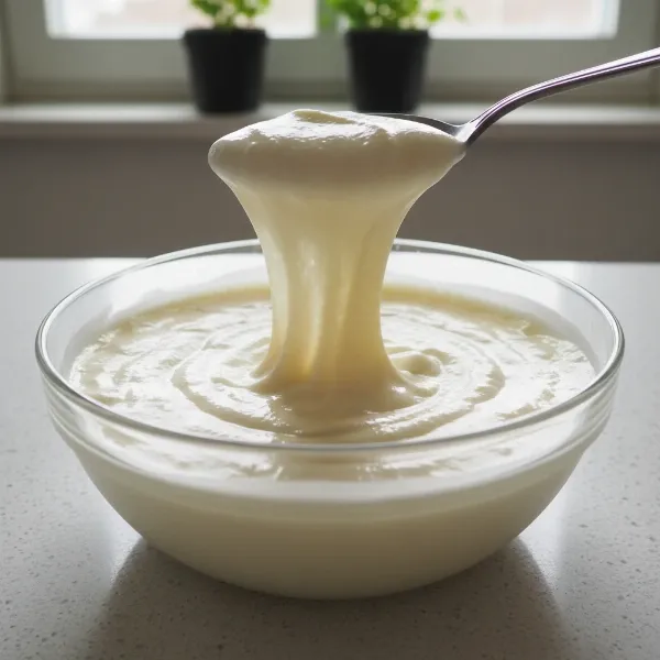 Close-up of homemade Viili yogurt showing its distinctive ropy texture and a velvety surface layer of Geotrichum candidum