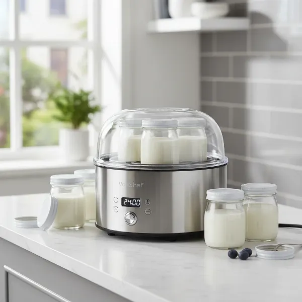 VonShef Digital Yogurt Maker with stainless steel casing and seven individual glass jars on a kitchen counter.