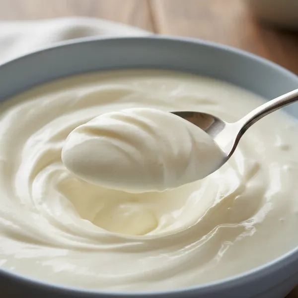 Close-up of rich, thick homemade yogurt made with whole milk, showing its creamy texture.