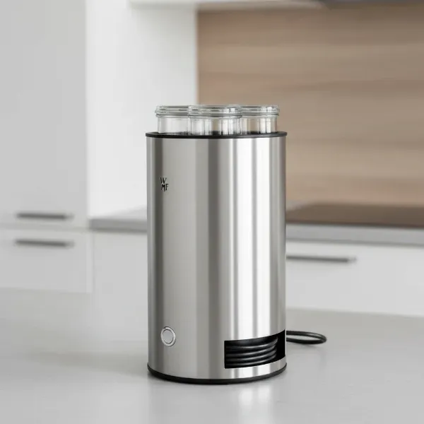 WMF Kitchenminis yogurt maker made of matt Cromargan stainless steel, compact design on a kitchen counter.