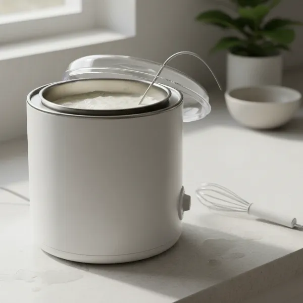 Yogourmet Multi Electric Yogurt Maker in operation on a kitchen counter, showing the water bath system and inner container.