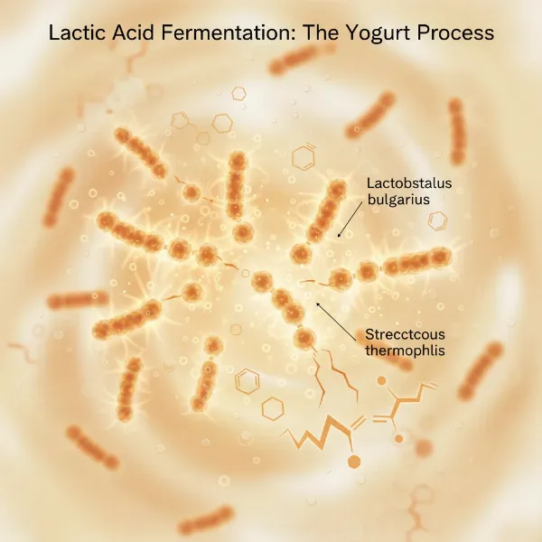 Illustration of lactic acid bacteria converting lactose in milk during yogurt fermentation process.