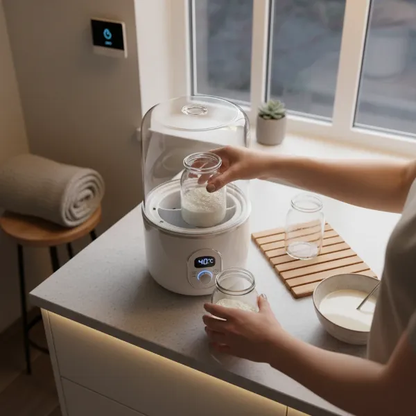 A person implementing tips to optimize yogurt maker energy usage, such as pre-heating milk or proper placement.