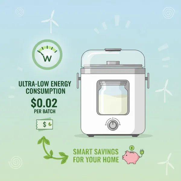 A graphic showing the very low energy consumption and cost of a home yogurt maker.