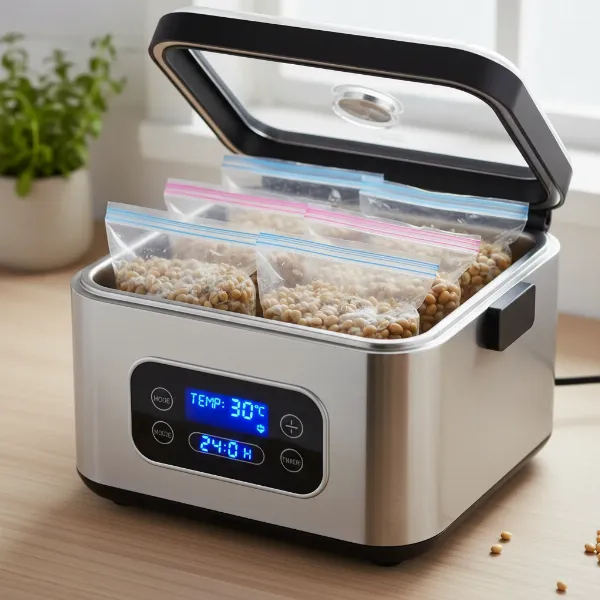 A yogurt maker with tempeh parcels inside, demonstrating the home fermentation process.