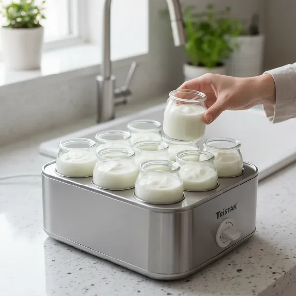 Individual glass jars of freshly made yogurt being removed from the Tristar YB-2616 yogurt maker.