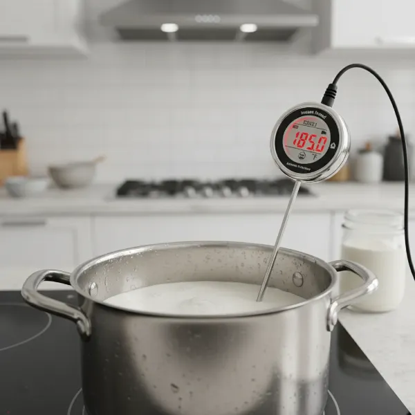 Digital instant-read thermometer accurately measuring milk temperature for homemade yogurt.