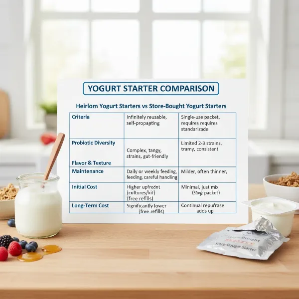 A clean, organized table visually comparing heirloom and store-bought yogurt starters across key criteria like reusability, probiotic diversity, and cost.