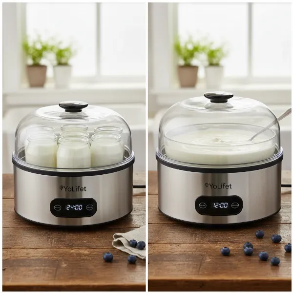 Tribest YoLife Yogurt Maker demonstrating large capacity with tall lid for bulk yogurt making.